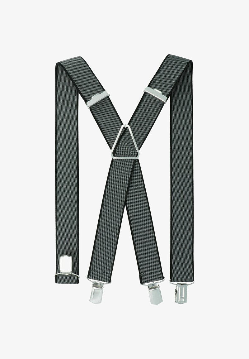 Black elastic suspenders with silver clips, featuring a textured surface and an X-shape design, secured with a triangular metal adjuster.
