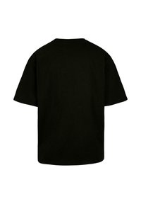 Svart t-skjorte, kortermet, rund hals, laget av bomull. Glatt tekstur, enkelt design, bakperspektiv, uten dekorasjoner eller mønstre.