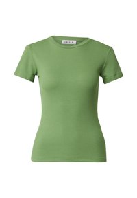 Groen geribbelde t-shirt met korte mouwen en een ronde halslijn. Gladde textuur en aansluitende pasvorm. Het etiket binnenin zegt "EDITED."