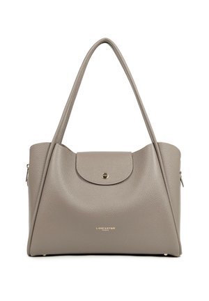 Taupe leather Lancaster Paris handbag with top flap, gold button closure, long handles, and subtle texture.