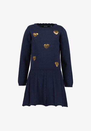 Robe longue à manches longues en maille bleu marine pour filles avec des décorations en forme de cœur en sequins dorés sur la poitrine et le haut du corps.