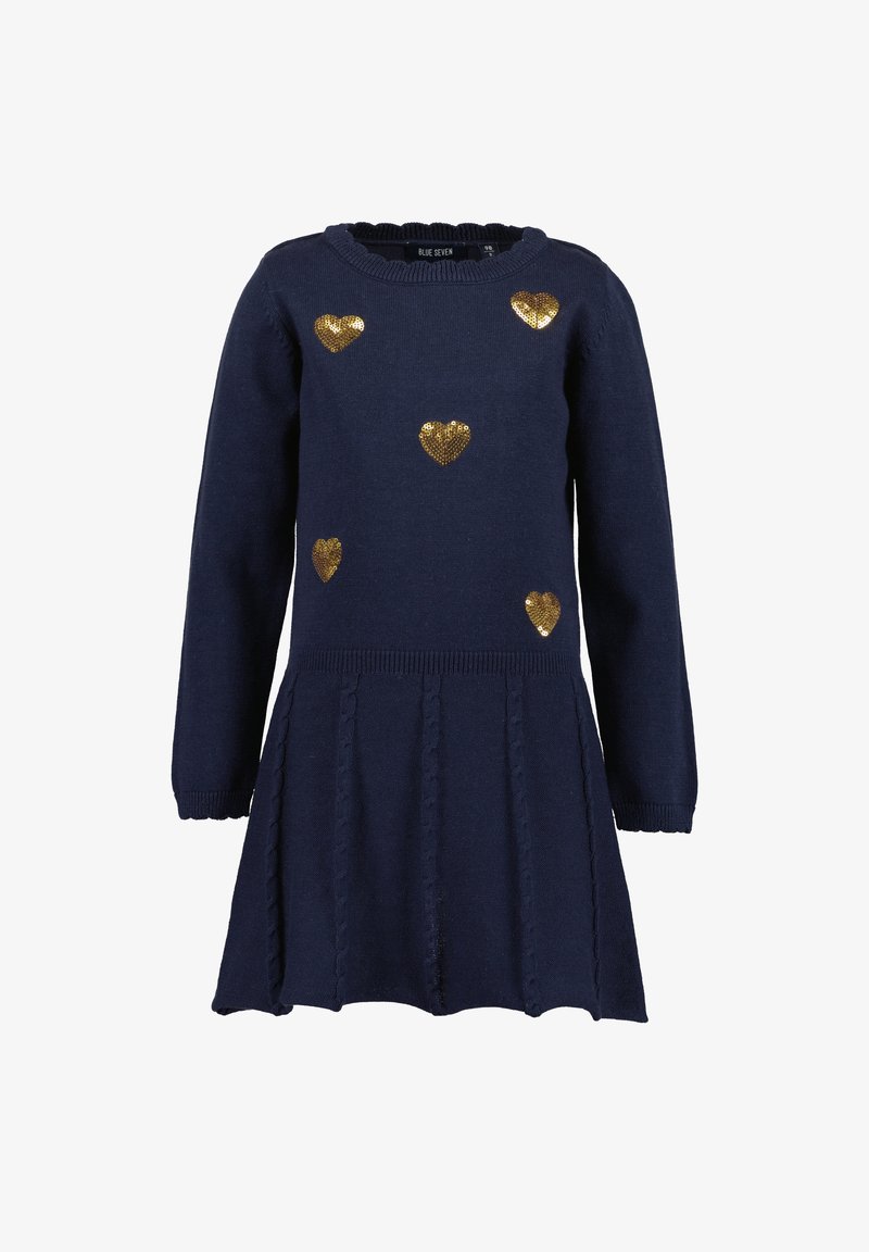 Robe longue à manches longues en maille bleu marine pour filles avec des décorations en forme de cœur en sequins dorés sur la poitrine et le haut du corps.