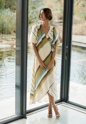 Next, REGULAR FIT - PUFF SHORT SLEEVE WRAP MIDI DRESS  . - Maksimekko - ecru green stripe
