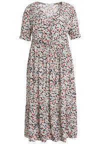 Robe midi fleurie à manches courtes, avec un fond blanc orné de motifs floraux rouges, noirs et bleus. Silhouette taille élastique.