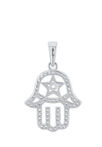 Pendente d'argento a forma di mano con una stella al centro, caratterizzato da dettagli intagliati e accenti puntinati in tutto il design.