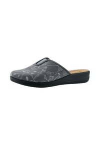 Scarpa slip-on grigia con motivo floreale, superiore in tessuto morbido, colletto imbottito e suola in gomma nera per comfort e supporto.