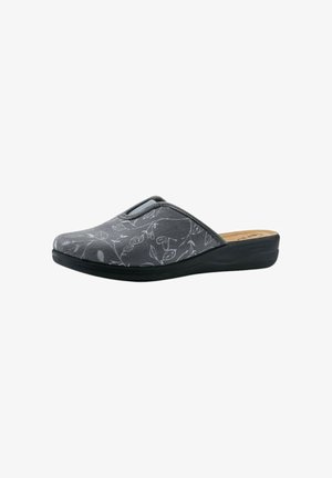 Scarpa slip-on grigia con motivo floreale, superiore in tessuto morbido, colletto imbottito e suola in gomma nera per comfort e supporto.