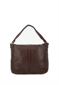 Sac à bandoulière en cuir marron foncé avec une large sangle et un grain texturé visible, présenté sur fond blanc.