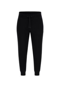 Zwarte tapse sweatpants met elastische tailleband en trekkoord, met manchet uren en zijzakken, weergegeven op een witte achtergrond.