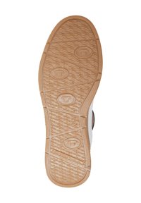 Semelle de chaussure en caoutchouc avec un motif ondulé, présentant un logo dans des sections circulaires, de couleur marron, et une taille indiquée comme 39.