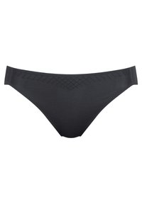 Zwarte bikini-slip gemaakt van gladde stof. Voorzien van een gepatterde tailleband met geometrische vormen. Klassiek snit met minimale achterkantbedekking.