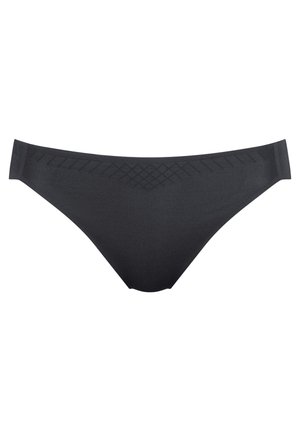 Juodos bikini kelnaitės, pagamintos iš lygaus audinio. Savybė - raštuota juosmeninė dalis su geometrinėmis formomis. Klasikinis kirpimas su minimaliu užpakalinės dalies uždangimu.