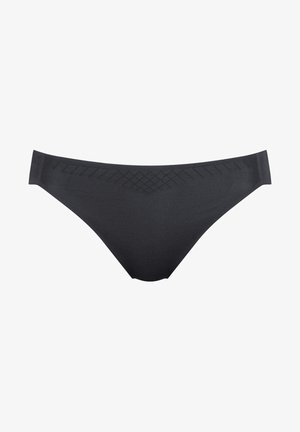 Czarny majteczki bikini wykonane z gładkiego materiału. Posiada wzorzystą talię z geometrycznymi kształtami. Klasyczny krój z minimalnym zakryciem z tyłu.