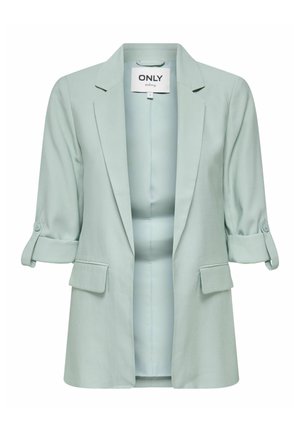 Lysegrønne womens blazer med opkrogede ærmer, hakkede reverser og frontlommer med klap, mærket "ONLY" inde i kraven.
