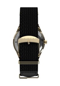 Timex sat s crnim tkanim remenom, pozlatom, okruglim kućištem i teksturiranim srebrnim brojčanikom s diskretnim oznakama za vrijeme.