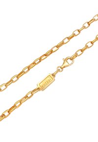 Collana in oro con maglie ovali, chiusura a scatola e un'etichetta incisa "Kuzoi". Texture liscia con una finitura lucida.
