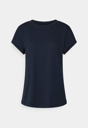 Marineblå kortærmet T-shirt lavet af letvægtsstof med rund halsudskæring og opsmøgede ærmeender. Enkel, glat tekstur.