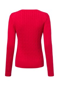 Helles rotes Strickpullover mit einem Zopf-Muster, langen Ärmeln und rundem Halsausschnitt. Rippbündchen und Saum sorgen für zusätzliche Textur.