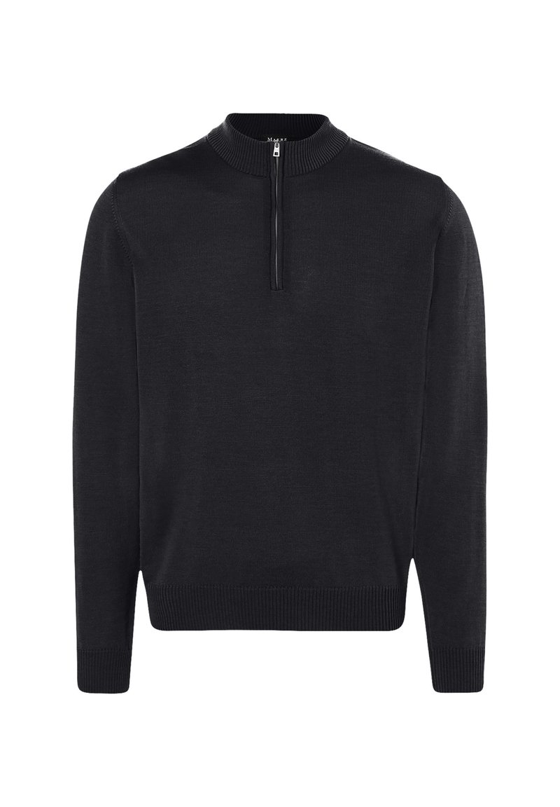 Černý svetr s hladkým materiálem, s výstřihem na zip, žebrovanými manžetami a lemem, s jednoduchým a čistým designem.