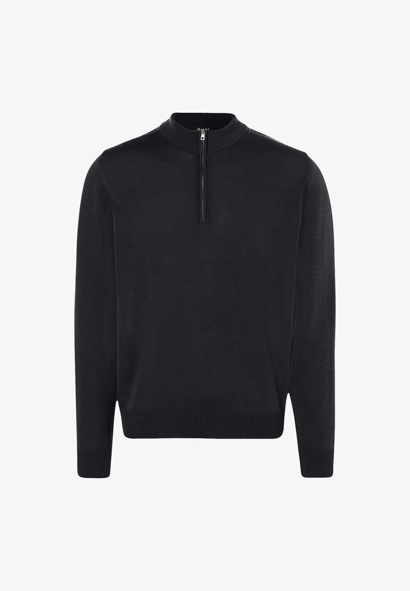 Černý svetr s hladkým materiálem, s výstřihem na zip, žebrovanými manžetami a lemem, s jednoduchým a čistým designem.