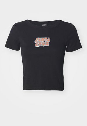 Fekete, puha pamutból készült crop topp, amelynek elülső részén színes "SANTA CRUZ" grafika található. Rövid ujjú és kerek nyakkivágású.