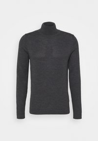 Pull à col roulé gris foncé en matière douce, avec des manches longues et une coupe ajustée, au toucher lisse et sans coutures.