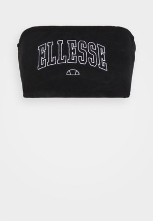 Bandă de cap din terrycloth negru, având cuvântul "ELLESSE" brodat cu alb. Textură netedă, cu formă rectangulară și margini rotunjite.