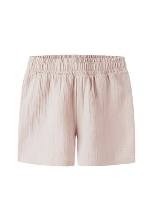 Shorts en tissu texturé rose clair avec une taille élastique froncée et une coupe décontractée.