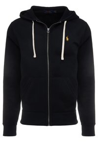 Marinblå zip-up huvtröja i mjukt material, med fodrad huva, krämfärgade dragskor, kängurufickor och en liten gyllene logotyp på bröstet.