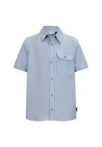 Camicia azzurra a maniche corte realizzata in tessuto leggero, con chiusura a bottoni, colletto a punta e taschino sul lato sinistro del petto.