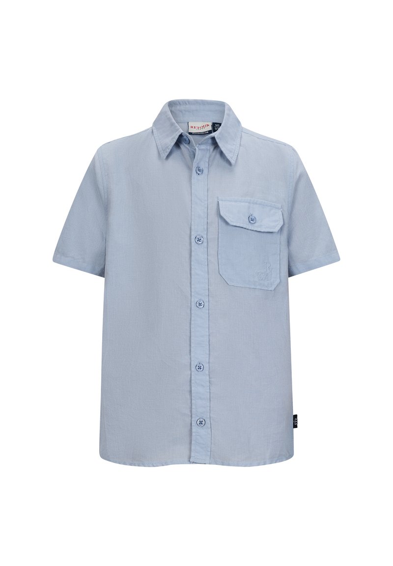Camicia azzurra a maniche corte realizzata in tessuto leggero, con chiusura a bottoni, colletto a punta e taschino sul lato sinistro del petto.
