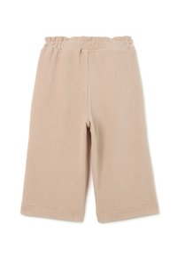 Beige ribfluwelen culottes met een elastische tailleband, voorzien van een verticale ribbelstructuur en een rechte pijp, zonder zakken of opvallende accenten.