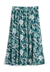 Spódnica w kwiaty z niebiesko-zielonym wzorem na jasnym tle, z elastyczną talią i plisowanym fasonem dla większej tekstury.