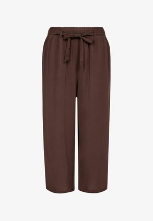 Brown, lightweight, cropped trousers with an elastic waistband and matching tie, featuring a smooth texture and straight-leg design.