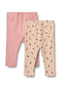Dva páry žebrovaných dětských legín, jeden jednobarevný v barvě prachově růžové, druhý béžový s malými červenými květinovými vzory.