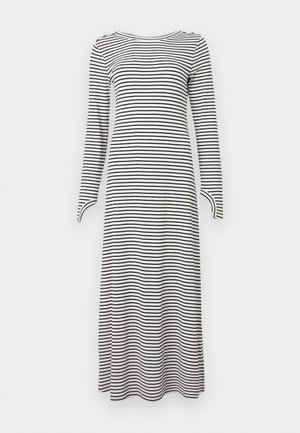 Long-sleeve dress featuring horizontal black and white stripes, made from soft fabric with a straight cut and rounded neckline.