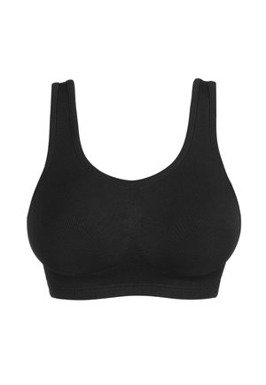 Zwarte naadloze sportbeha met brede bandjes en een ronde halslijn, ontworpen voor comfort en ondersteuning.