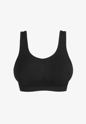 Sujetador deportivo negro sin costuras con tirantes anchos y escote redondo, diseñado para comodidad y soporte.