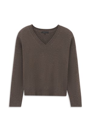 Brauner Longsleeve-Strickpullover mit V-Ausschnitt, gerippten Bündchen und Saum, auf weißem Hintergrund gezeigt.