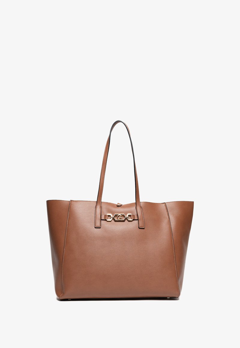 Bolso tote de cuero marrón con asas dobles, con un detalle de herrajes dorados en el frente. Textura lisa y forma estructurada.