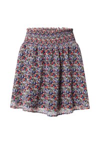 Bloemenrok met een gesmokte tailleband, met een meerkleurig patroon van kleine rode, blauwe en paarse bloemen tegen een donkere achtergrond.