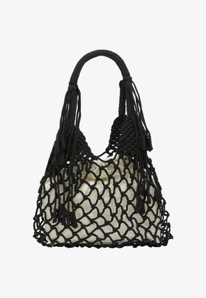 Sort net håndtaske med flettede håndtag og dekorative frynser. Inderlinning i en beige stof. Unik åben vævdesign.