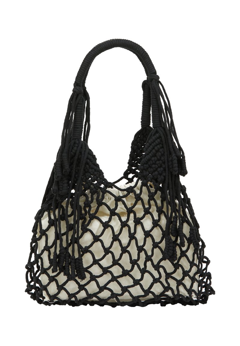 Sort net håndtaske med flettede håndtag og dekorative frynser. Inderlinning i en beige stof. Unik åben vævdesign.