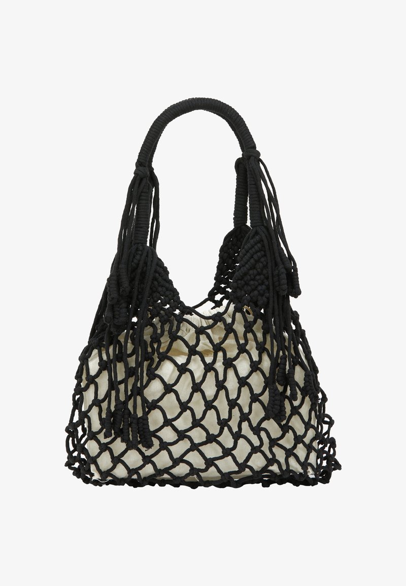 Borsa nera in rete con manici intrecciati e nappine decorative. Fodera interna in tessuto beige. Design a trama aperta unico.