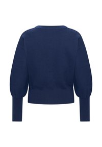 Suéter de punto azul marino con cuello redondo, mangas abullonadas y puños acanalados, con un diseño corto y textura suave.
