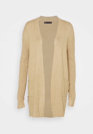 Cardigan beige en tricot à manches longues, ouvert sur le devant, avec deux poches avant, poignets côtelés et coupe décontractée.