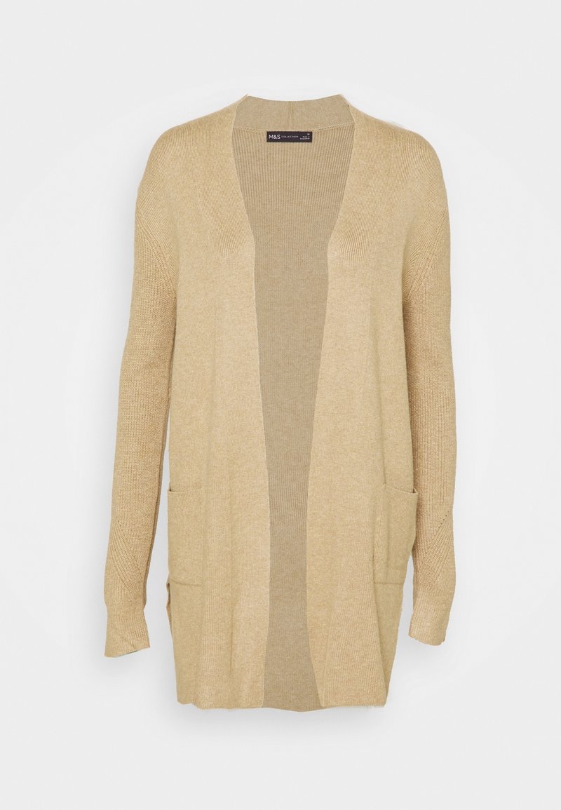 Cardigan beige en tricot à manches longues, ouvert sur le devant, avec deux poches avant, poignets côtelés et coupe décontractée.