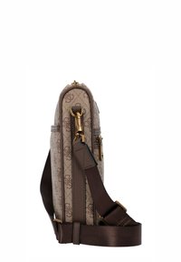 Borsa marrone con motivo e rivestimento esterno in tessuto lavorato, dettagli in oro e tracolla marrone staccabile. Scomparto principale con cerniera e dettagli laterali.