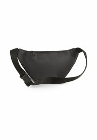 Svart nylong fanny pack med en böjd form, dragkedjestängning och justerbar rem. Utrustad med ett plastspänne för säker fastsättning.