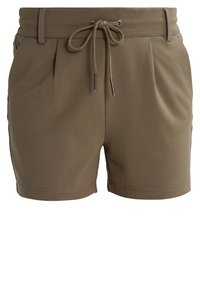 Shorts vert olive en tissu doux, dotés d'une taille à cordon, de plis à l'avant et de poches latérales. Coupe ajustée, longueur courte.